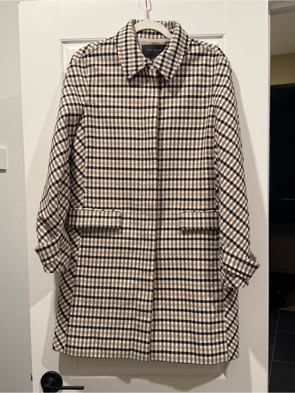 Ann Taylor Beige and Black Plaid Collared Coat